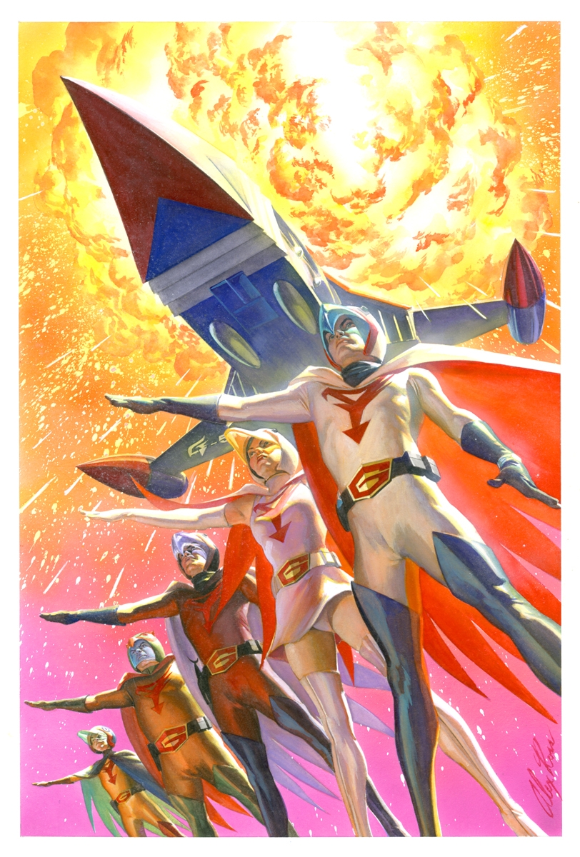 4boys 70s age_difference alex_ross bodysuit boots cloak debris dutch_angle emblem energy_gun epic explosion fire flying gatchaman gloves glowing god_phoenix helmet highres holster hood hooded_cloak jinpei_the_swallow joe_the_condor jun_the_swan ken_the_eagle miniskirt multiple_boys official_art official_style oldschool panties pantyshot perspective promotional_art ray_gun realistic ryu_the_owl scan shiny signature size_difference skirt smoke space_craft traditional_media underwear uniform visor weapon