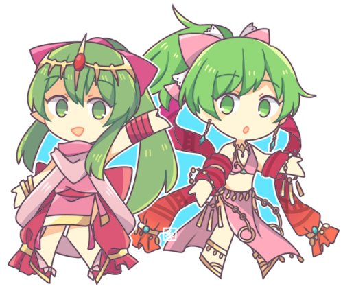 anklet barefoot blush bow bracelet breasts cape chiki circlet cleavage dancer dress earrings fire_emblem fire_emblem:_monshou_no_nazo fire_emblem:_seisen_no_keifu fire_emblem_heroes green_eyes green_hair hair_bow hair_ornament jewelry leen_(fire_emblem) long_hair lowres mamkute multiple_girls pink_dress pink_legwear pointy_ears ponytail roirence skirt smile tiara white_background