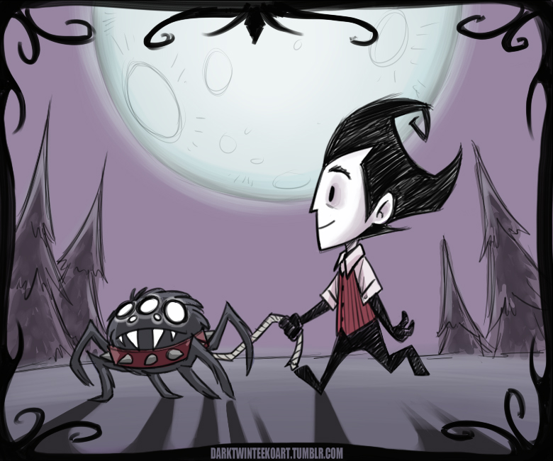 2013 5_eyes 6_legs ambiguous_gender arachnid armwear arthropod biped black_border black_bottomwear black_clothing black_eyes black_hair border clothed clothing collar cute dark_theme digital_drawing_(artwork) digital_media_(artwork) don't_starve dot_eyes duo elbow_gloves fangs featureless_feet feral frown full-length_portrait full_moon fur gloves glowing glowing_eyes grass grey_fur hair human humanoid_hands klei_entertainment leash male mammal moon mostly_nude multi_eye naked_collar no_pupils outside pale_skin pants pet portrait red_clothing red_topwear rope shadow side_view sky smile spider spiked_collar spikes spiky_hair sweatervest toony tree url video_games walking white_clothing white_eyes white_skin white_topwear wilson_percival_higgsbury zombidj