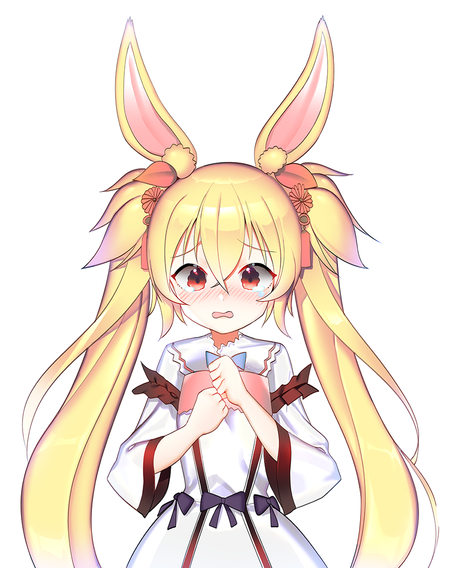 animal_ears blonde_hair blue_neckwear blush bow bowtie character_request cross_eyed crying crying_with_eyes_open dress hair_ornament hair_ribbon hands_together liaoli_ciyuan long_hair open_mouth red_eyes ribbon ribbon-trimmed_sleeves ribbon_trim skirt skirt_set teardrop tearing_up tears tttanggvl twintails white_dress