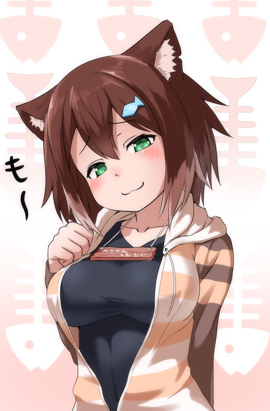 :3 animal_ears black_shirt blush breasts brown_background brown_hair cat_ears closed_mouth commentary_request fish_hair_ornament fumino_tamaki gradient gradient_background green_eyes hair_ornament hand_on_own_chest hand_up head_tilt highres hood hood_down hoodie kyabe_tsuka large_breasts long_sleeves looking_at_viewer nijisanji open_clothes open_hoodie shirt sign sign_around_neck solo striped_hoodie translation_request virtual_youtuber white_background
