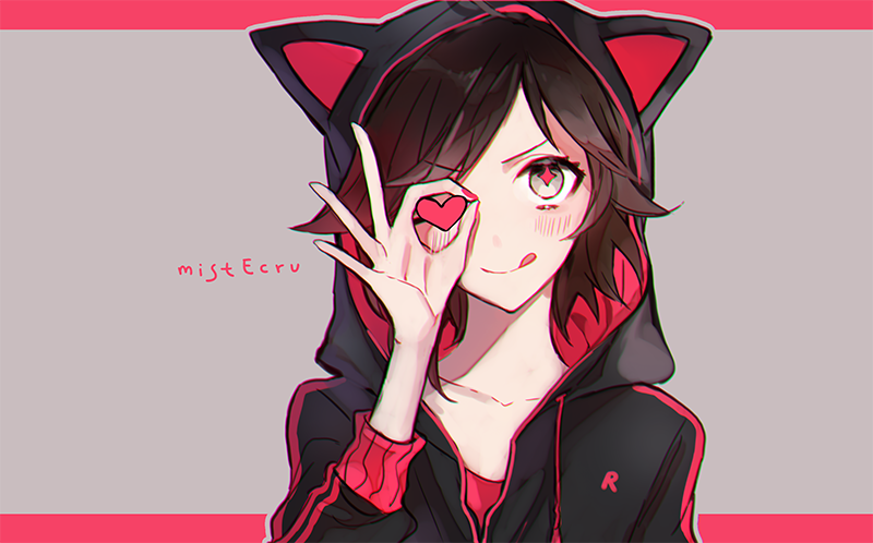 animal_ears cat_ears ecru hand_gesture hood hooded_track_jacket jacket one_eye_closed red_hair ruby_rose rwby smile solo tongue tongue_out track_jacket twitter_username
