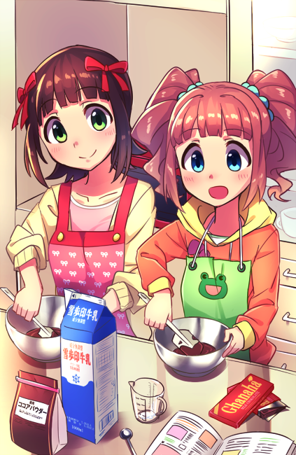 :d amami_haruka apron baking bangs blue_eyes blunt_bangs blush book bowl brown_hair cabinet chocolate chocolate_bar closed_mouth collarbone commentary_request cup drawer eyebrows eyebrows_visible_through_hair frog green_apron green_eyes hair_ribbon holding hood hood_down hoodie idolmaster idolmaster_(classic) indoors jacket kitchen long_sleeves looking_at_another measuring_cup milk milk_carton multiple_girls open_book open_clothes open_jacket open_mouth orange_hoodie pink_apron pink_shirt red_hair red_ribbon ribbon shirt short_hair sidelocks sleeves_pushed_up smile spoon takatsuki_yayoi twintails wagashi928 yellow_jacket