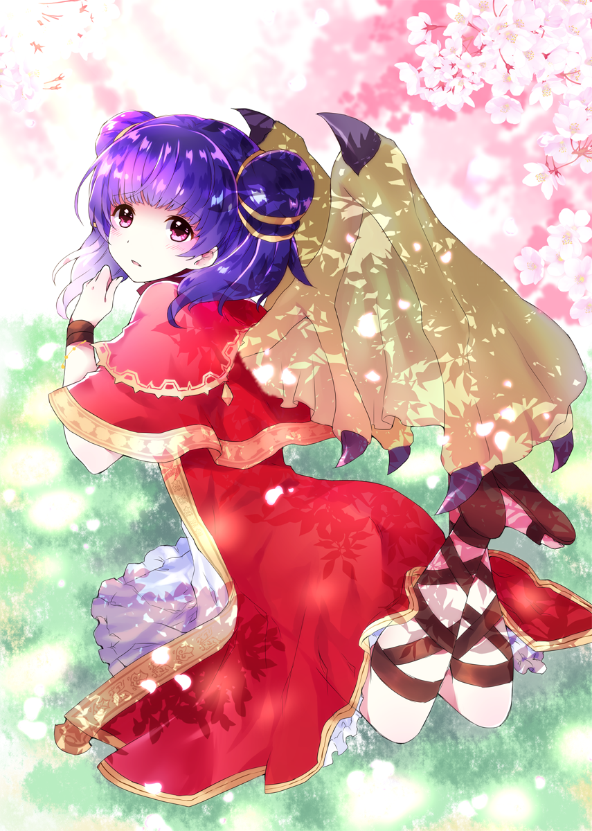 blush capelet cherry_blossoms commentary commission double_bun dress english_commentary fire_emblem fire_emblem:_seima_no_kouseki highres looking_at_viewer looking_back lying mamkute multi-tied_hair myrrh on_stomach parted_lips peachpii petals pink_eyes purple_hair red_capelet red_dress solo twintails wings wristband