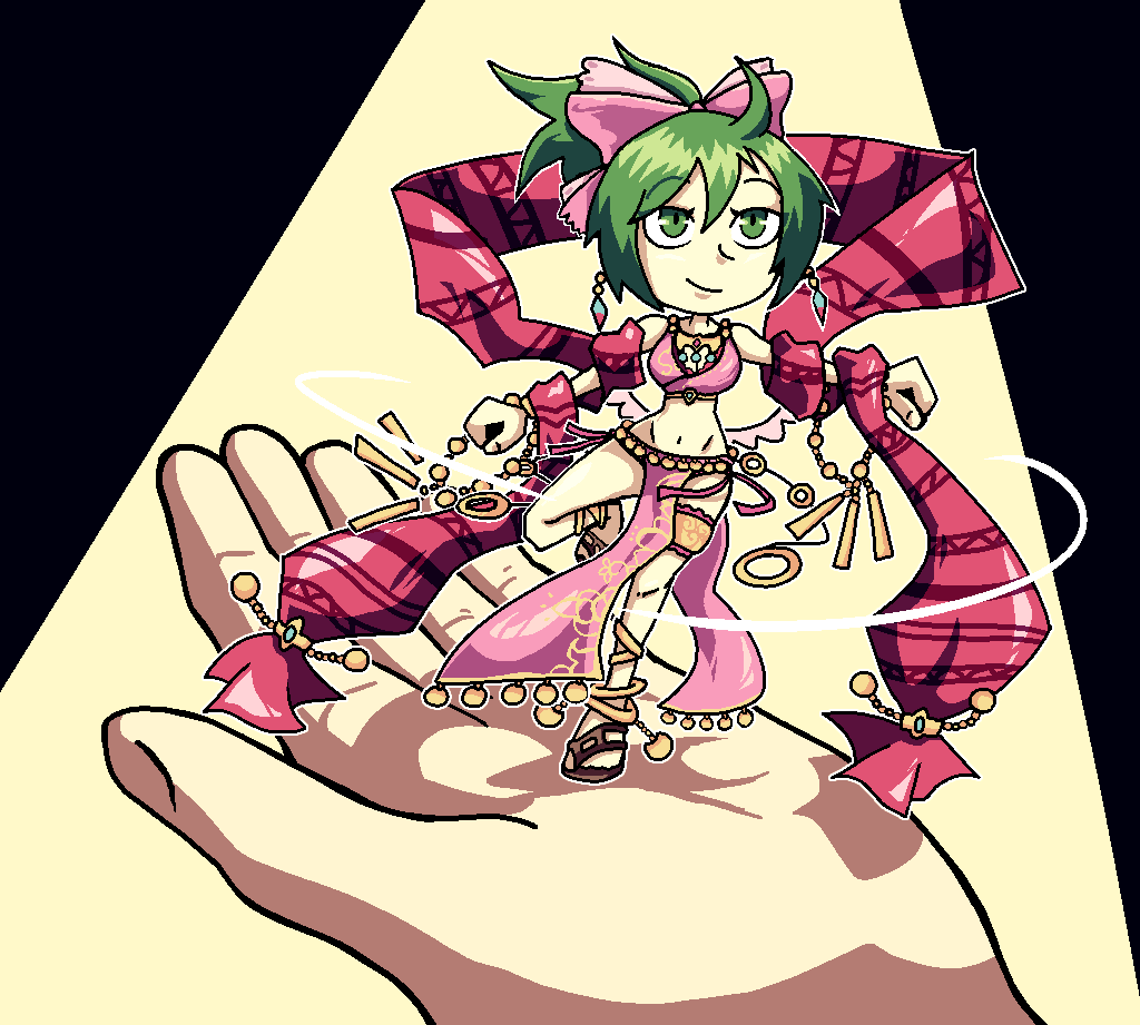 bow closed_mouth commentary dancing earrings english_commentary fire_emblem fire_emblem:_seisen_no_keifu green_eyes green_hair hair_bow jewelry leen_(fire_emblem) legband midriff minigirl navel out_of_frame pelvic_curtain pink_bow pov pov_hands red_scarf sandals scarf setz smile solo_focus standing standing_on_one_leg