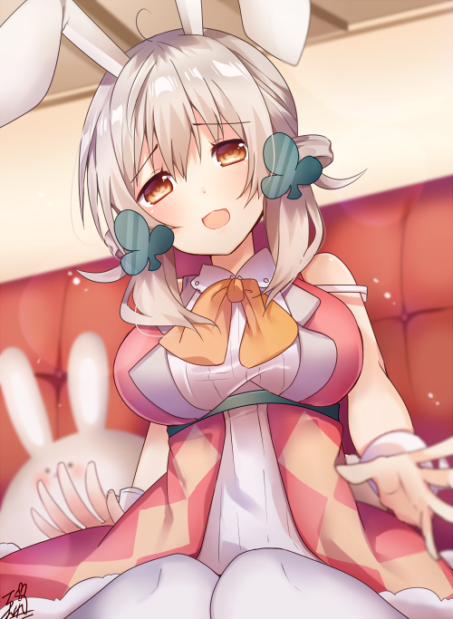 :d animal_ears bad_id bad_pixiv_id bangs bare_shoulders blurry blurry_background blush bow breasts brown_eyes bunny_ears collared_dress commentary_request couch depth_of_field dress eyebrows_visible_through_hair hair_between_eyes hair_ornament head_tilt indoors large_breasts light_brown_hair long_hair looking_at_viewer omuretsu on_couch open_mouth orange_bow original pantyhose pink_dress sidelocks sitting smile solo strap_slip two_side_up white_dress white_legwear wrist_cuffs