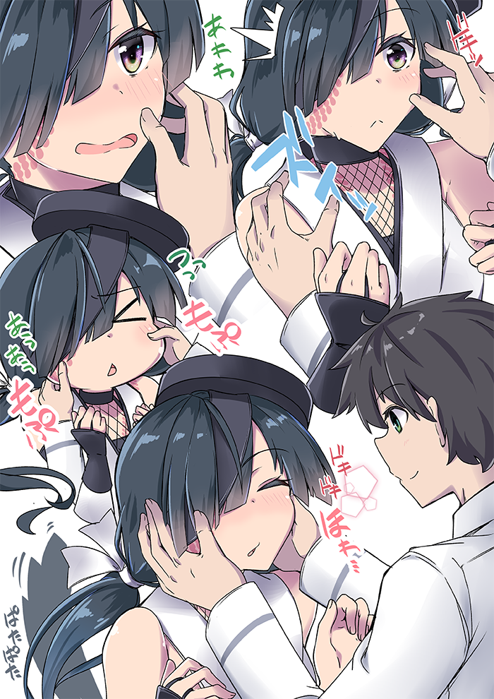 &gt;_&lt; 1girl black_gloves black_hair blush brown_eyes chaldea_uniform closed_eyes commentary_request eye_contact face-to-face fate/grand_order fate_(series) fingerless_gloves fujimaru_ritsuka_(male) gloves hair_over_one_eye hands_on_another's_cheeks hands_on_another's_face japanese_clothes long_hair long_sleeves looking_at_another mochizuki_chiyome_(fate/grand_order) translation_request yuuma_(noel)