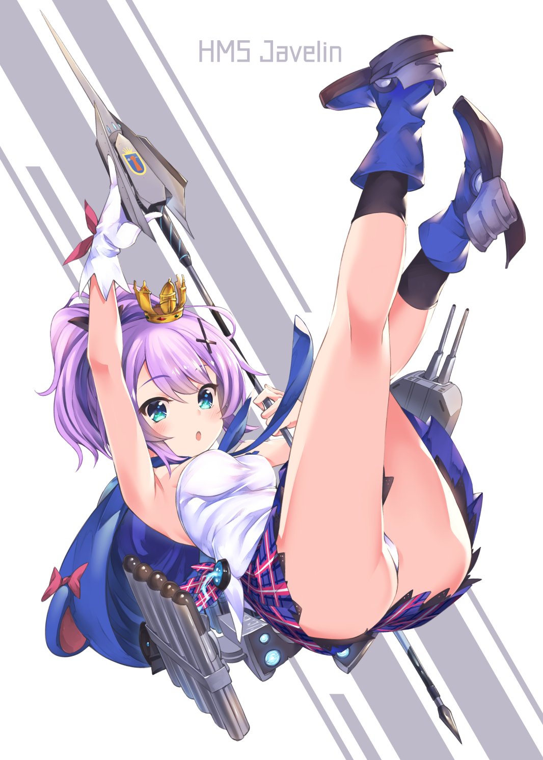 akanagi_youto arm_up azur_lane blue_eyes breasts cannon character_name commentary_request crown gloves hair_ornament hairclip highres hips javelin javelin_(azur_lane) legs_up looking_at_viewer namesake panties purple_hair simple_background single_glove solo torpedo_tubes underwear weapon