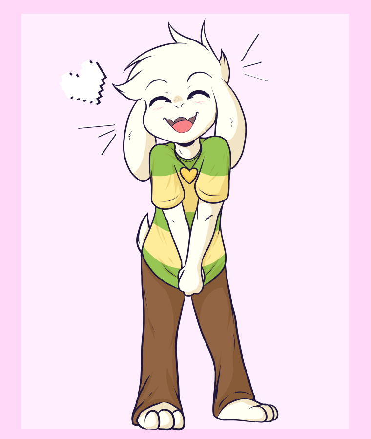 &lt;3 asriel_dreemurr blush boss_monster caprine child clothed clothing crackers cub mammal shirt simple_background smile t-shirt undertale video_games young
