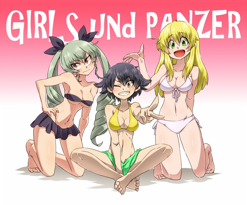 anchovy aono3 arm_behind_back arm_up bangs barefoot bikini bikini_shorts bikini_skirt black_bikini black_hair black_ribbon blonde_hair braid breasts brown_eyes carpaccio cleavage closed_mouth collarbone commentary_request copyright_name drill_hair eyebrows_visible_through_hair front-tie_bikini front-tie_top frown gesture girls_und_panzer gradient gradient_background green_bikini_bottom green_eyes green_hair grin hair_ribbon hand_on_hip head_tilt kneeling leaning_to_the_side long_hair looking_at_viewer looking_away medium_breasts mismatched_bikini multiple_girls navel one_eye_closed open_mouth pepperoni_(girls_und_panzer) purple_background red_eyes ribbon short_hair shorts side-tie_bikini side_braid sitting smile strapless strapless_bikini swimsuit twin_drills twintails v v-shaped_eyebrows white_bikini yellow_bikini_top