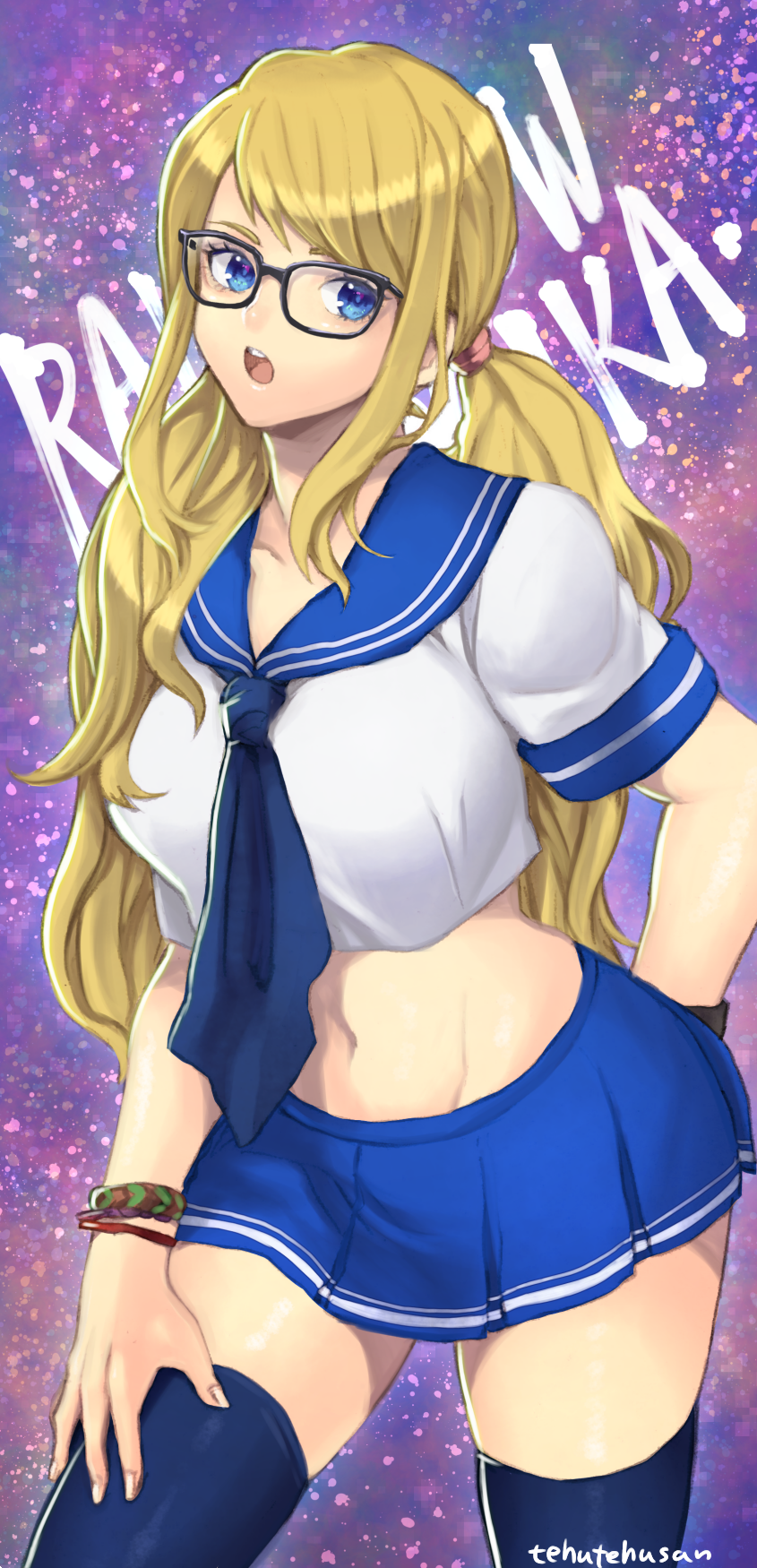 alternate_costume bangs bespectacled black-framed_eyewear blonde_hair blue_eyes blue_skirt bracelet breasts commentary_request cowboy_shot crop_top glasses hair_tie hand_on_hip highres jewelry large_breasts long_hair low_twintails mellowd midriff miniskirt navel necktie open_mouth pleated_skirt rainbow_mika sailor_collar school_uniform serafuku shirt short_sleeves skirt solo stomach street_fighter street_fighter_v thighhighs twintails white_shirt yamato_nadeshiko_(street_fighter) zettai_ryouiki