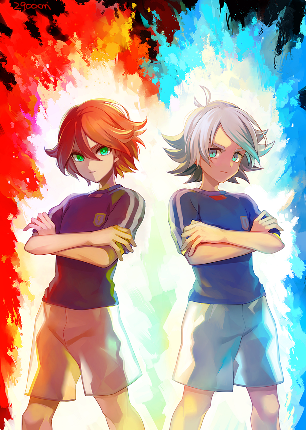 2boys ahoge fubuki_shirou green_eyes highres inazuma_eleven inazuma_eleven_(game) inazuma_eleven_(series) kiyama_hiroto looking_at_viewer multiple_boys red_hair soccer_uniform spiked_hair sportswear uniform white_hair