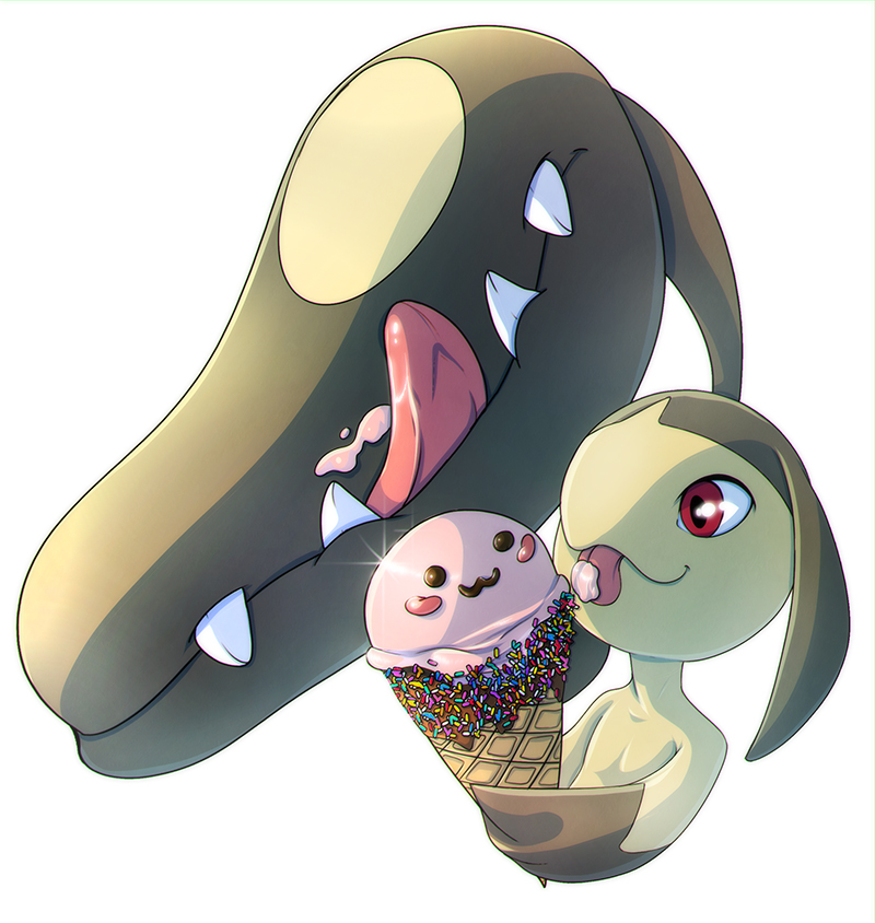 eating gen_3_pokemon ice_cream_cone licking mawile no_humans pokemon pokemon_(creature) red_eyes simple_background sprinkles tongue tongue_out upper_body white_background