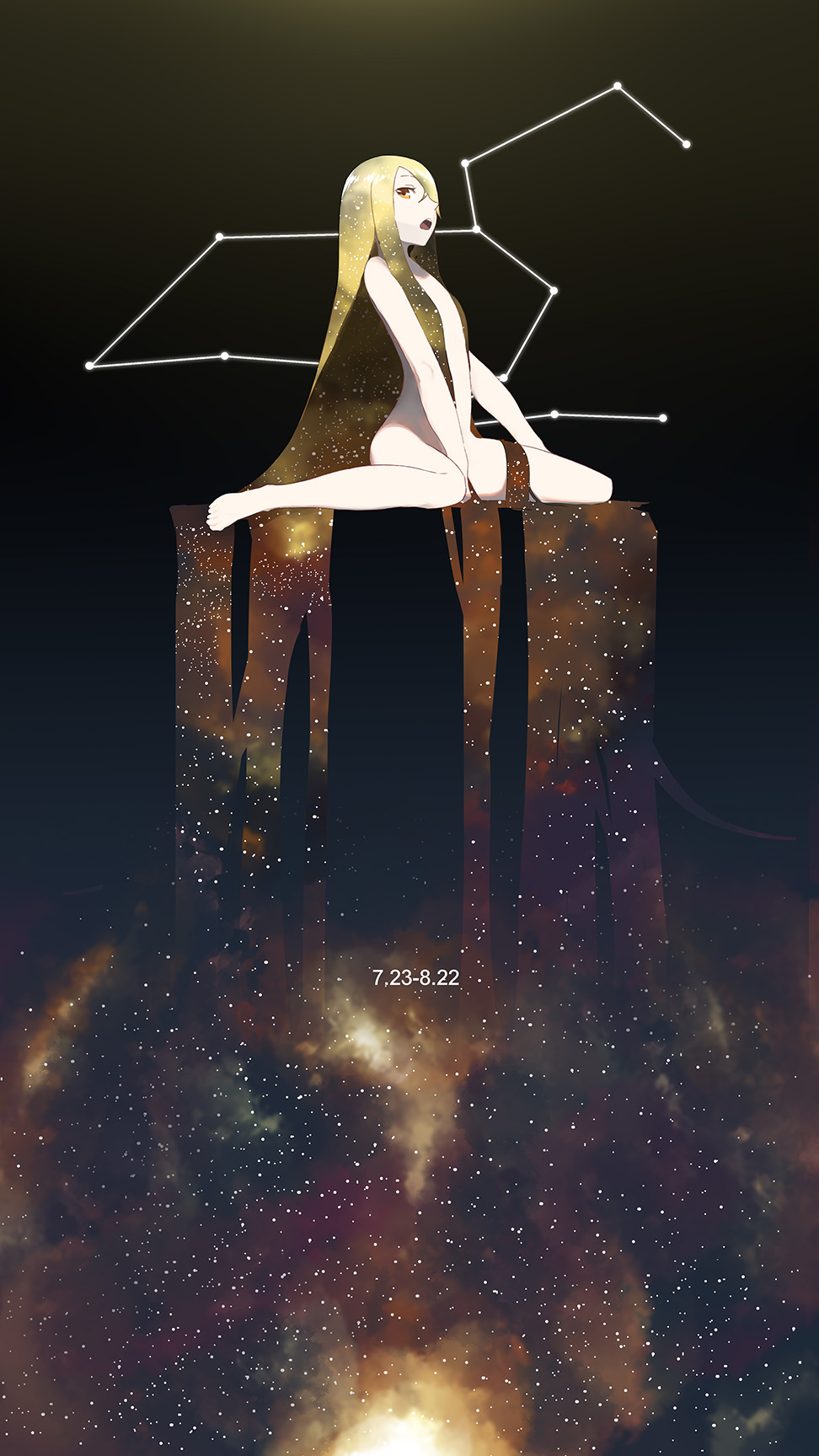 absurdly_long_hair barefoot black_background blonde_hair brown_eyes constellation from_side gradient_hair highres leo long_hair looking_at_viewer multicolored_hair nude number open_mouth original solo uta_(xuyansong1996) very_long_hair