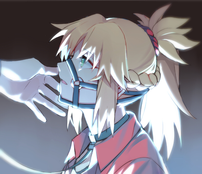 bangs blonde_hair braid bridle brown_background collar collared_jacket eyebrows_visible_through_hair fate/apocrypha fate_(series) green_eyes jacket leash long_hair looking_away mordred_(fate) mordred_(fate)_(all) o-ring open_clothes open_jacket parted_lips ponytail portrait profile red_jacket solo_focus yorukun
