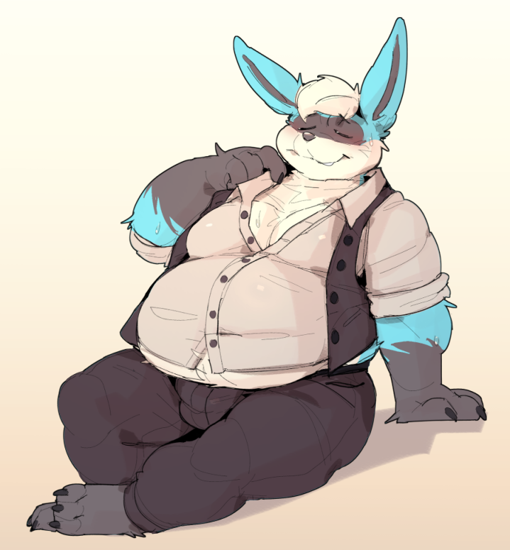 anthro barefoot belly big_belly black_fur blue_fur claws clothed clothing eyes_closed fur lagomorph male mammal multicolored_fur obese overweight overweight_male rabbit reclining rolled_up_sleeves simple_background sweat toe_claws vest white_background white_fur winston zangusuu