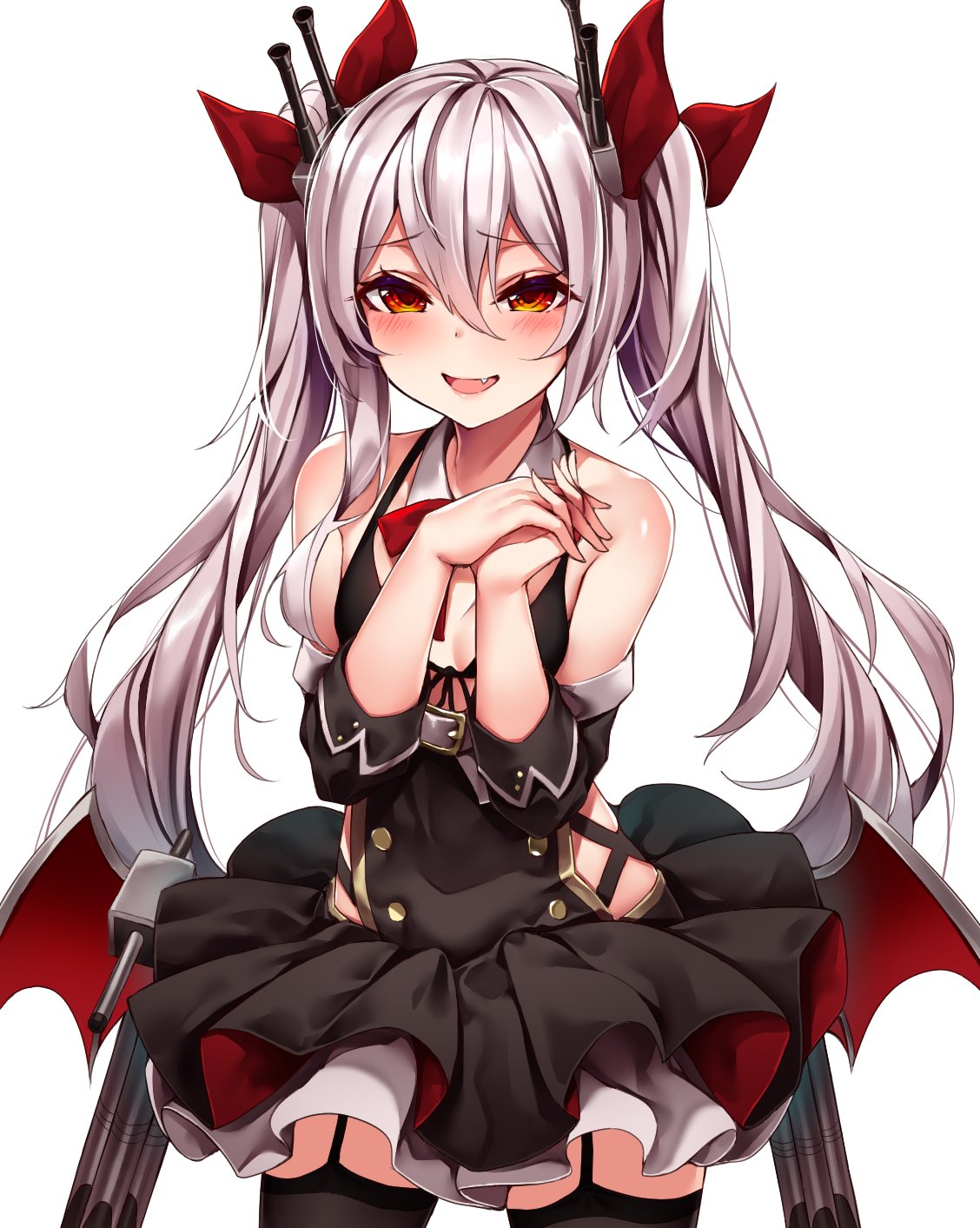 azur_lane black_legwear black_skirt blush bow breasts brown_eyes cleavage commentary_request cowboy_shot eyebrows_visible_through_hair garter_straps hair_bow hands_clasped highres kaerunoko large_breasts long_hair looking_at_viewer open_mouth own_hands_together red_bow silver_hair skirt smile solo thighhighs twintails vampire_(azur_lane)