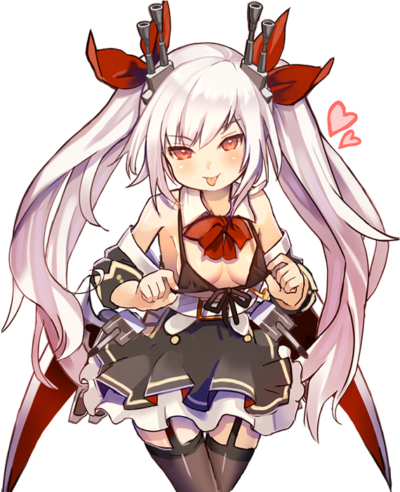 :p azur_lane bikini_pull bikini_top black_skirt breasts commentary_request detached_collar detached_sleeves garter_straps long_hair red_eyes ribbon rk_(rktorinegi) silver_hair skirt small_breasts smile solo thighhighs tongue tongue_out twintails vampire_(azur_lane)