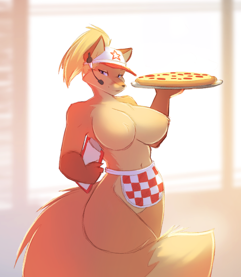 2018 anthro apron big_breasts blonde_hair blue_eyes breasts canine clothing collaboration featureless_breasts featureless_crotch female food fox fur hair hat looking_at_viewer mammal menu microphone mostly_nude multicolored_tail navel orange_fur pizza shawl smile solo starfighter woadedfox