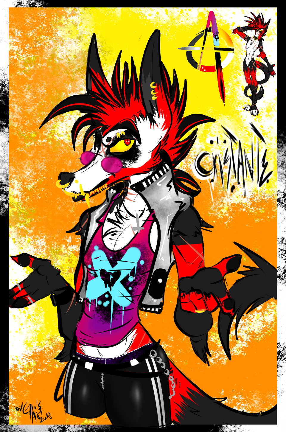 2018 amber_eyes anthro belt black_pants canine clothing collar cristante demon design digital_drawing_(artwork) digital_media_(artwork) face_paint facial_markings fangs fox fur gang hair hybrid jacket long_hair long_tail madnessandgiovanni0595 male mammal markings punk purple_clothes ring