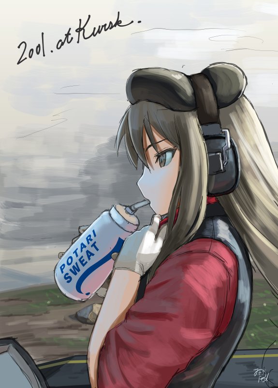 abazu-red artist_name bangs beret black_hat black_vest bottle brown_eyes brown_hair commentary cursive dated drinking english from_side girls_und_panzer gloves hat headphones logo long_hair pocari_sweat profile red_shirt shimada_chiyo shirt short_sleeves signature solo vest water_bottle white_gloves younger