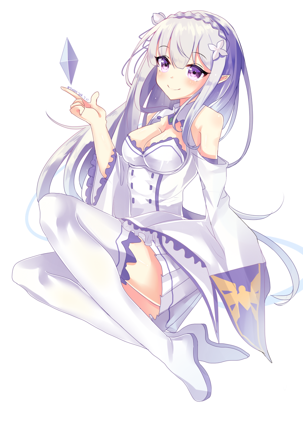 2016 bangs boots breasts cleavage dated detached_sleeves emilia_(re:zero) eyebrows_visible_through_hair floating_hair flower hair_between_eyes hair_flower hair_ornament hair_ribbon highres index_finger_raised long_hair medium_breasts miniskirt pleated_skirt pointy_ears purple_eyes re:zero_kara_hajimeru_isekai_seikatsu ribbon silver_hair simple_background skirt smile solo thigh_boots thighhighs timins very_long_hair white_background white_flower white_footwear white_skirt zettai_ryouiki