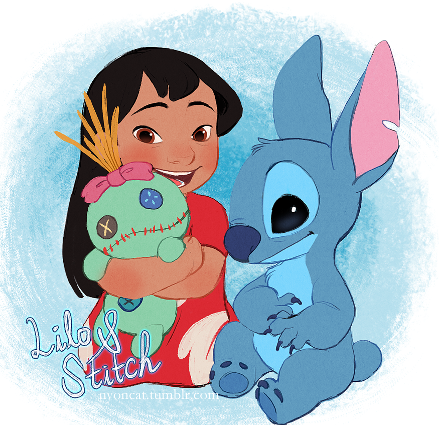4_fingers alien bangs black_hair blue_claws blue_eyes blue_fur blue_nose blush brown_eyes button_eyes character_name chest_tuft claws clothed clothing disney experiment_(species) fur hair head_tuft holding_object human inanimate_object lilo_and_stitch lilo_pelekai long_hair looking_at_viewer mammal muumuu notched_ear nude nyoncat open_mouth open_smile ragdoll scrump small_tail smile stitch tuft url watermark