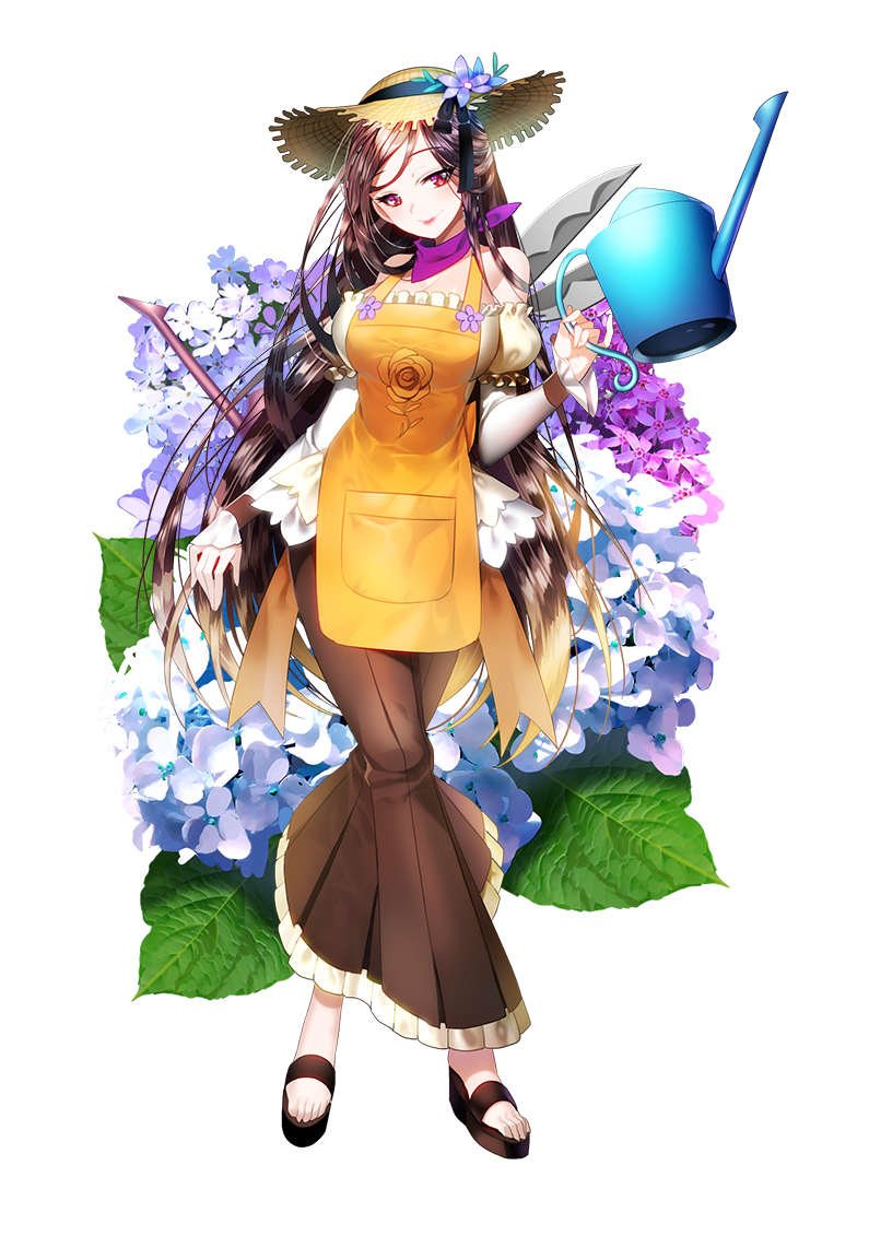 aile_(crossroads) apron bad_id bad_pixiv_id bangs black_footwear brown_apron brown_hair brown_skirt closed_mouth copyright_request detached_sleeves eyebrows_visible_through_hair fingernails flower full_body gradient_hair hat head_tilt holding holding_watering_can light_brown_hair long_hair long_sleeves looking_at_viewer multicolored_hair official_art pinky_out pleated_skirt puffy_short_sleeves puffy_sleeves purple_flower red_eyes shears shirt shoes short_over_long_sleeves short_sleeves simple_background skirt sleeves_past_wrists smile solo standing straw_hat very_long_hair watering_can white_background white_flower white_shirt