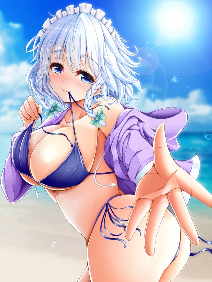 1girl ass bangs bare_shoulders beach bikini blue_bikini blue_eyes blue_sky blush bow braid breasts breasts_outside cloud collarbone commentary_request cowboy_shot day drawstring eyebrows_visible_through_hair green_bow hair_bow head_tilt hood hooded_jacket izayoi_sakuya jacket koza47322 large_breasts lens_flare light_particles long_sleeves maid_headdress mouth_hold nose_blush ocean open_clothes open_jacket outdoors outstretched_arm purple_jacket reaching_out sand short_hair side-tie_bikini silver_hair skindentation sky solo stomach sun sunlight swimsuit thighs touhou twin_braids twisted_torso untied untied_bikini untying