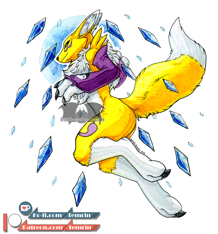 2018 ambiguous_gender anime anthro butt canine claws diamond_(disambiguation) digimon female fluffy fur looking_at_viewer magic mammal pinup pose purple_fur renamon simple_background smile solo standing temrin traditional_media_(artwork) watercolor_(artwork) white_fur yellow_fur