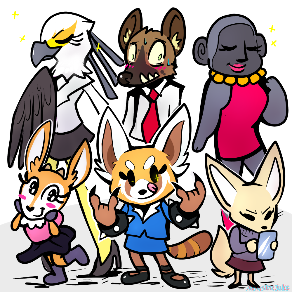 2018 aggressive_retsuko antelope anthro ape avian beak bird canine cellphone clothed clothing digital_media_(artwork) dress eyelashes eyes_closed female fennec fenneko fox fur gazelle gori_(aggressive_retsuko) gorilla haida horn hyena male mammal phone primate red_panda retsuko rosemary-the-skunk sanrio secretary_bird simple_background tsunoda washimi