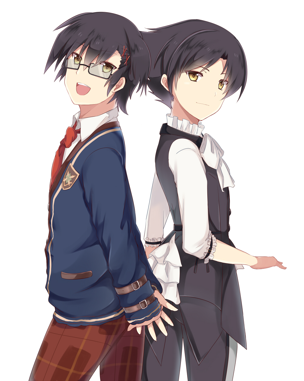 alternate_hairstyle back-to-back bespectacled black_pants blue_coat bow brown_eyes butler dual_persona glasses hair_ornament highres jude_mathis long_sleeves male_focus multiple_boys open_mouth pants plaid plaid_pants red_neckwear red_pants rento_(rukeai) shirt smile tales_of_(series) tales_of_xillia tales_of_xillia_2 white_bow white_shirt