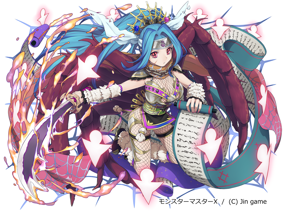 1girl arm_warmers black_footwear blue_eyes breasts cleavage company_name fishnets full_body hair_ornament headband holding holding_sword holding_weapon insect_girl long_hair looking_at_viewer maasa medium_breasts official_art original red_eyes scar scroll simple_background solo spider_girl sword thigh_strap very_long_hair weapon white_background