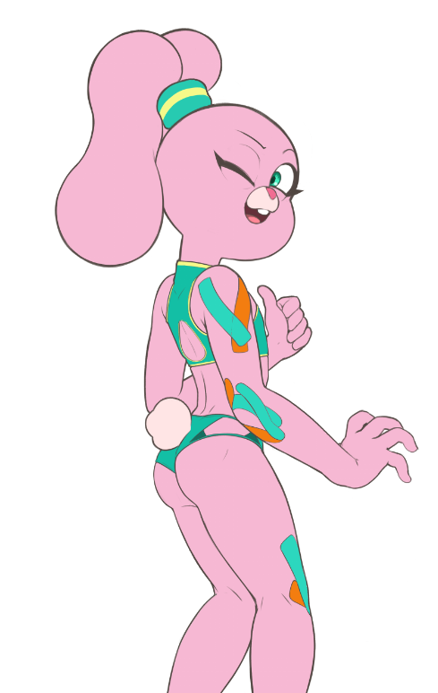 2018 5_fingers aged_up anais_watterson anthro blue_eyes buckteeth cartoon_network clothing drockdraw female fur lagomorph looking_at_viewer mammal one_eye_closed pink_fur rabbit rabbit_tail rear_view simple_background smile standing swimsuit teeth the_amazing_world_of_gumball thumbs_up white_background wink