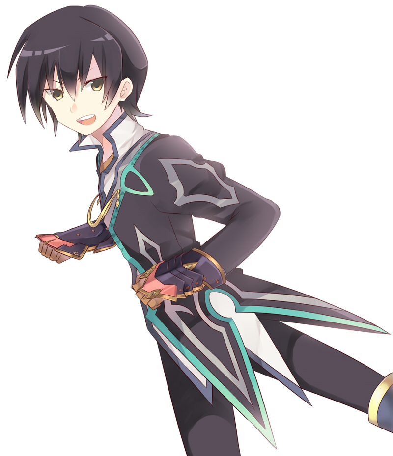 black_hair black_jacket black_pants blue_footwear boots brown_eyes brown_gloves from_behind gloves jacket jude_mathis long_sleeves looking_at_viewer male_focus open_mouth pants rento_(rukeai) simple_background smile solo tales_of_(series) tales_of_xillia white_background