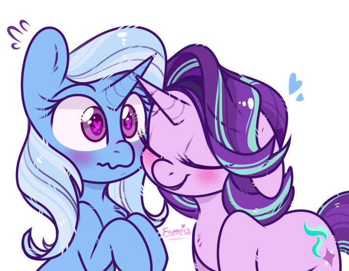 &lt;3 &lt;3_eyes 2018 blue_hair blush cute cutie_mark duo embarrassed equine esmeia eyebrows eyelashes eyes_closed female female/female feral floppy_ears friendship_is_magic hair hooves horn love mammal multicolored_hair my_little_pony nude nuzzling purple_eyes purple_hair scrunchy_face signature simple_background smile starlight_glimmer_(mlp) surprise trixie_(mlp) two_tone_hair unicorn white_background