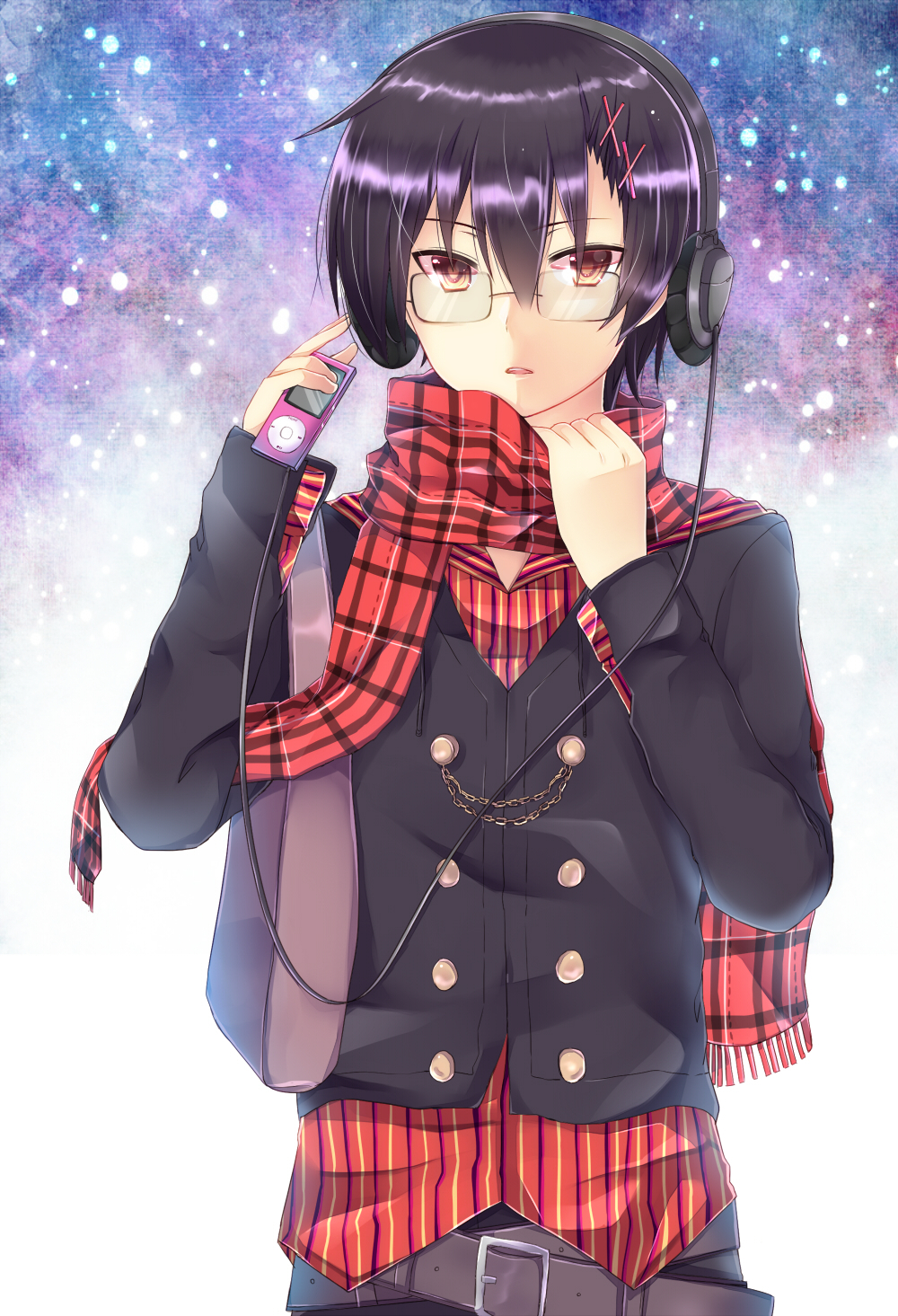 bag belt bespectacled black_coat black_hair black_jacket brown_belt brown_eyes digital_media_player glasses hair_ornament headphones highres holding holding_bag ipod jacket jude_mathis long_sleeves looking_at_viewer male_focus media_player open_mouth plaid plaid_scarf red_scarf red_shirt rento_(rukeai) scarf shirt solo striped striped_shirt tales_of_(series) tales_of_xillia tales_of_xillia_2 vertical-striped_shirt vertical_stripes