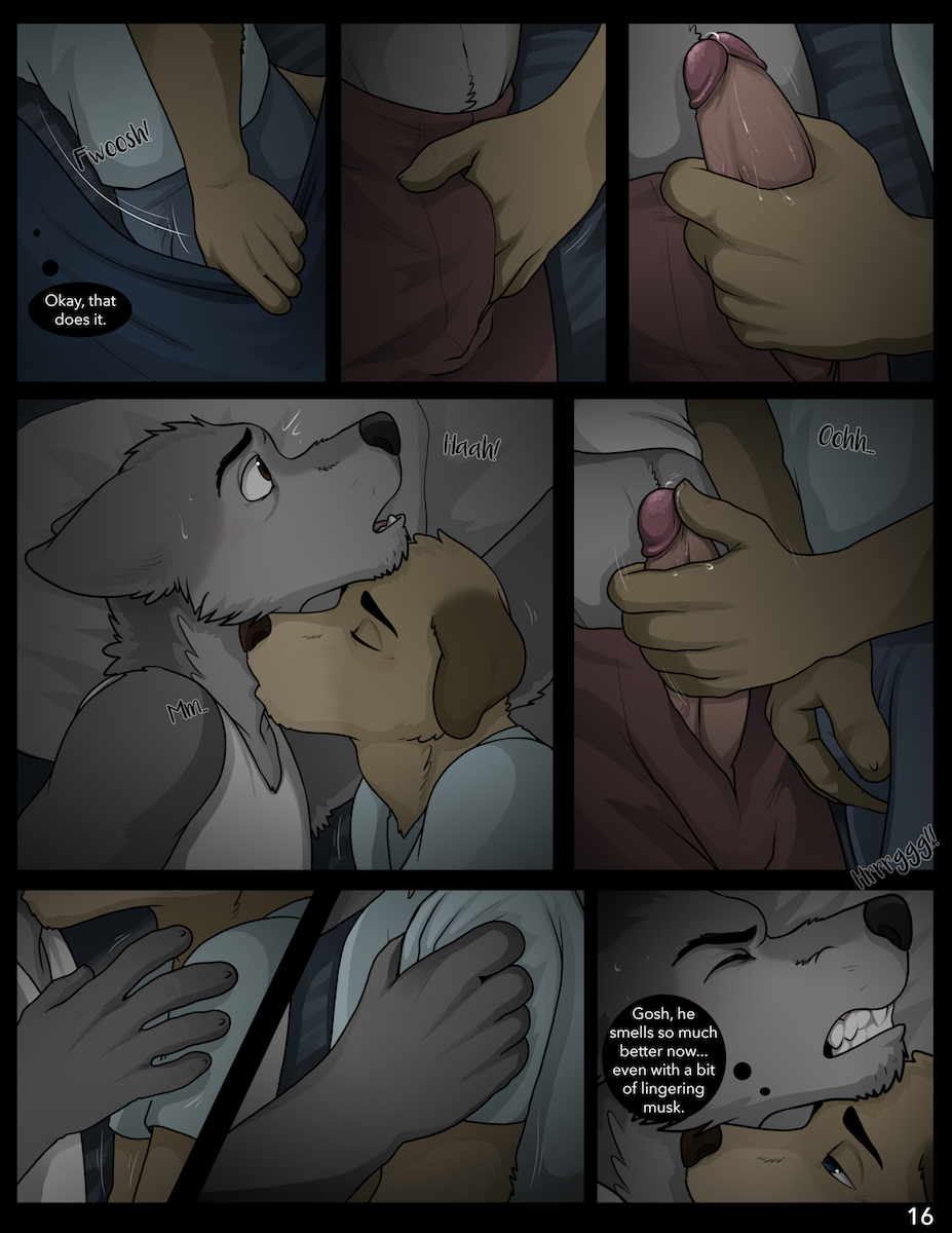 2018 5_fingers andrew_oleander anthro anthro_on_anthro bed bedding black_nose blanket blue_eyes blush brown_eyes brown_fur bulge canine clothed clothing comic cooper_estevez detailed_background dialogue dog duo english_text eyes_closed facing_each_other fur golden_retriever grey_fur grope hand_on_penis humanoid_penis jackaloo lying male male/male mammal on_bed on_side open_mouth pants penis penis_grab penis_outline pillow precum shirt speech_bubble tan_fur text thought_bubble underwear wolf