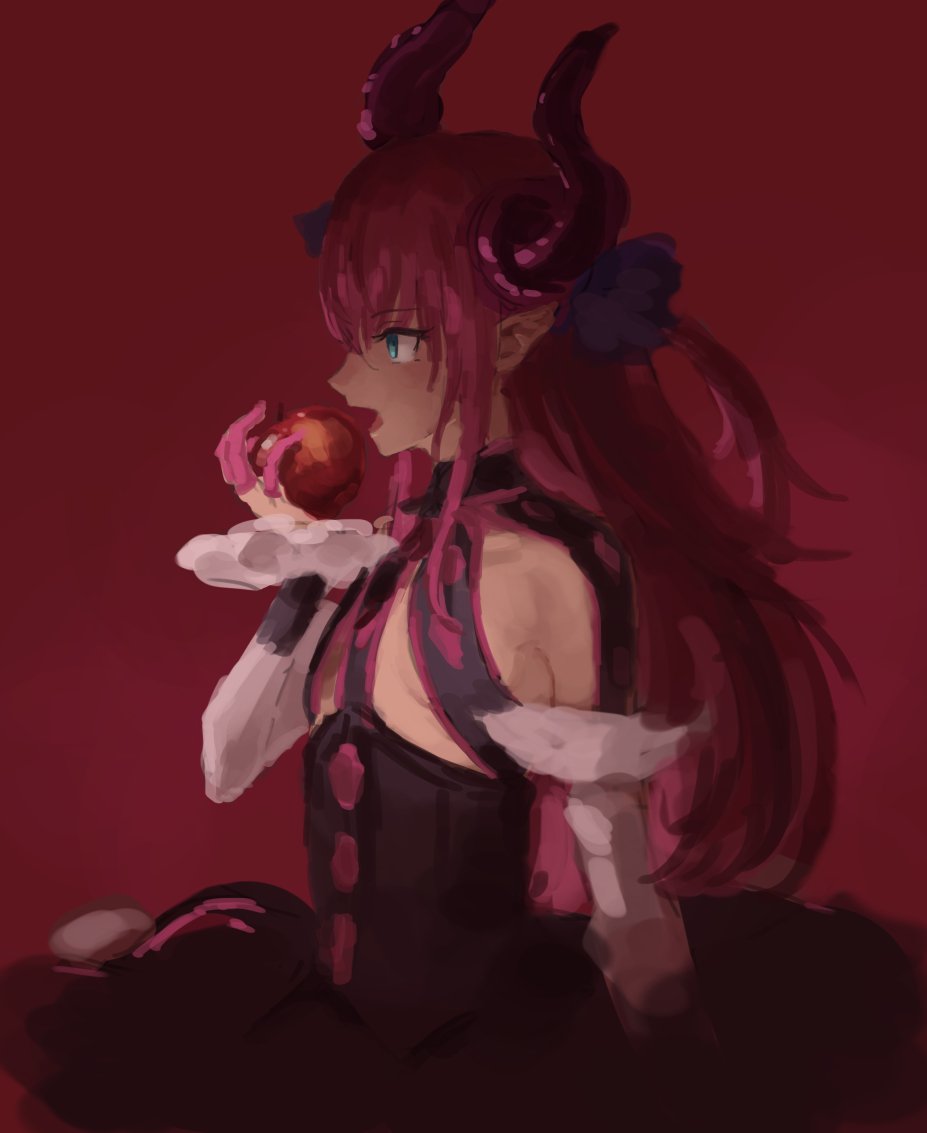 1girl bangs black_dress blue_eyes detached_sleeves dress elizabeth_bathory_(fate) elizabeth_bathory_(fate)_(all) eyebrows_visible_through_hair fate/extra fate/extra_ccc fate_(series) flat_chest food fruit hair_between_eyes holding holding_food holding_fruit horn_ornament horns long_hair long_sleeves na_(oagenosuke) open_mouth pointy_ears profile red_apple red_background red_hair simple_background solo