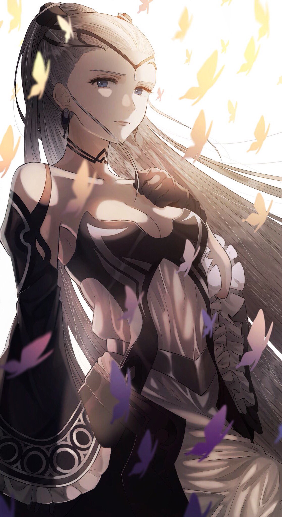 1girl black_choker black_dress black_gloves breasts bug butterfly choker cleavage closed_mouth collarbone dress earrings eir_(fire_emblem) fire_emblem fire_emblem_heroes gloves grey_eyes grey_hair hair_ornament hair_ribbon hand_on_own_chest headgear highres insect jewelry long_hair looking_at_viewer medium_breasts multicolored multicolored_clothes multicolored_dress nintendo ponytail purple_butterfly ribbon solo ume_ryou very_long_hair white_dress yellow_butterfly
