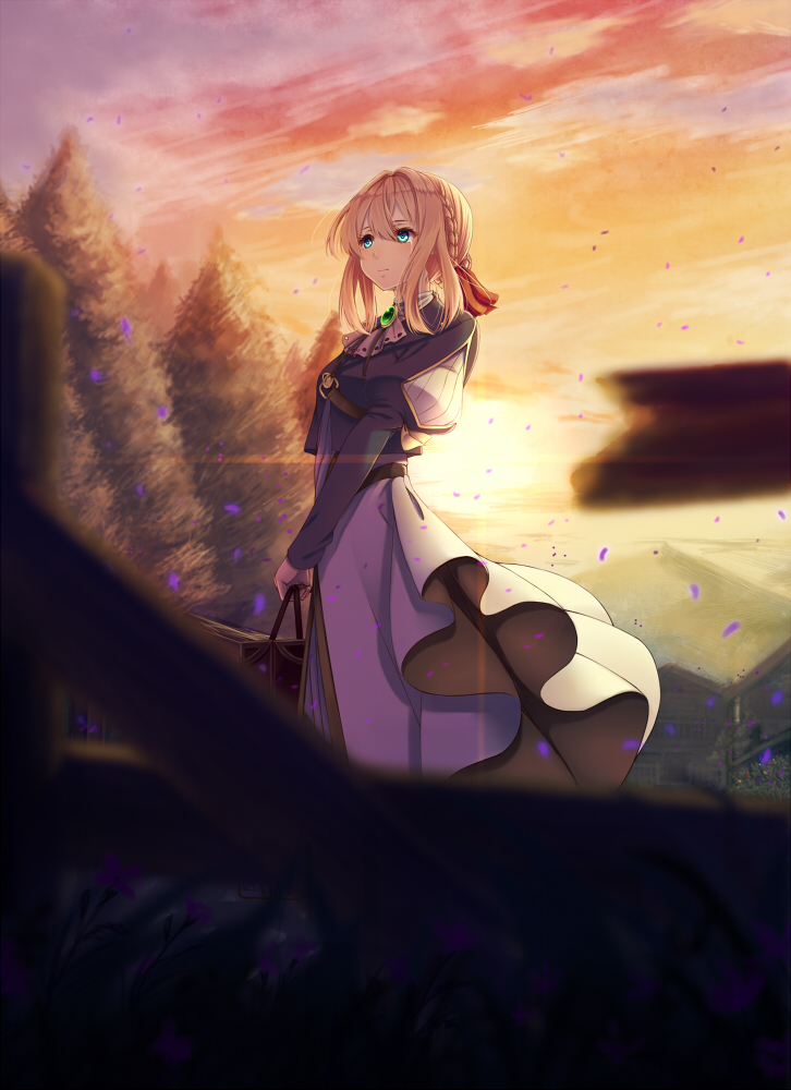 blonde_hair blue_eyes braid closed_mouth crying crying_with_eyes_open koko_(koko3) long_sleeves looking_away medium_hair outdoors solo sunset tears tree violet_evergarden violet_evergarden_(character)