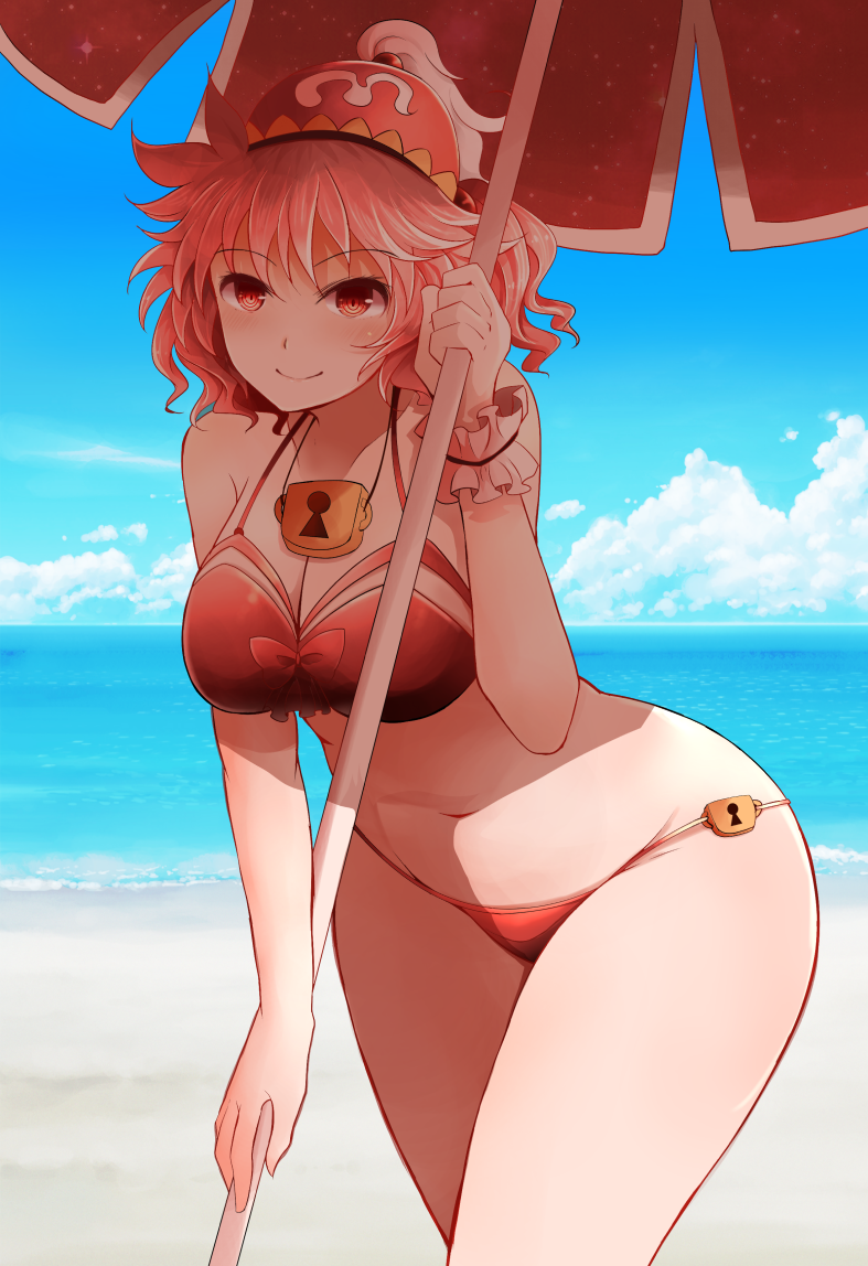 alternate_costume arano_oki bangs beach bikini blue_sky bow cloud commentary_request cowboy_shot day eyebrows_visible_through_hair hair_between_eyes hat holding holding_umbrella horizon kawashiro_mitori leaning_forward lock looking_at_viewer lowleg lowleg_bikini navel ocean original outdoors partial_commentary pink_hair red_bikini red_bow red_eyes short_hair sky smile solo swimsuit thighs touhou umbrella wide_hips wrist_cuffs