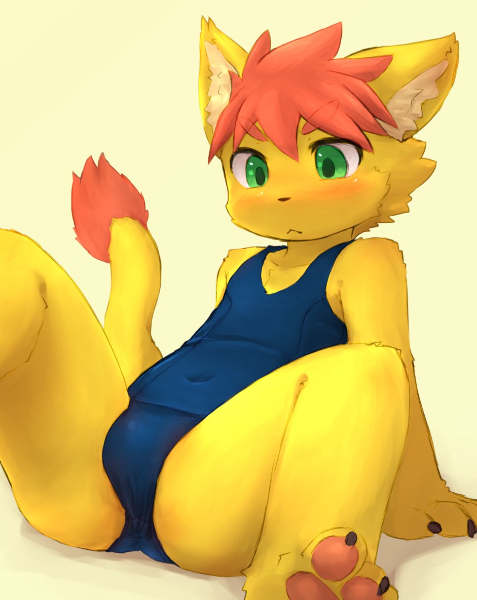 anthro blue_eyes blush bulge clothing cub feline fur hair hindpaw lion male mammal orange_hair paws saru_gundan school_swimsuit solo spread_legs spreading swimsuit yellow_fur young