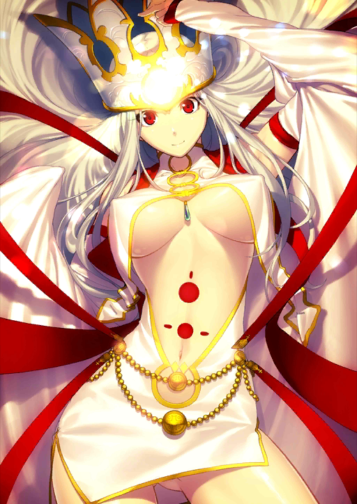 arm_up ass_visible_through_thighs between_breasts breasts bridal_gauntlets closed_mouth contrapposto covered_nipples cowboy_shot crown detached_sleeves dress dress_of_heaven fate/grand_order fate_(series) hat high_collar irisviel_von_einzbern irisviel_von_einzbern_(caster) jewelry long_hair long_sleeves looking_at_viewer medium_breasts navel necklace official_art red_eyes red_ribbon ribbon shima_udon smile solo standing stomach very_long_hair white_dress white_hair white_hat