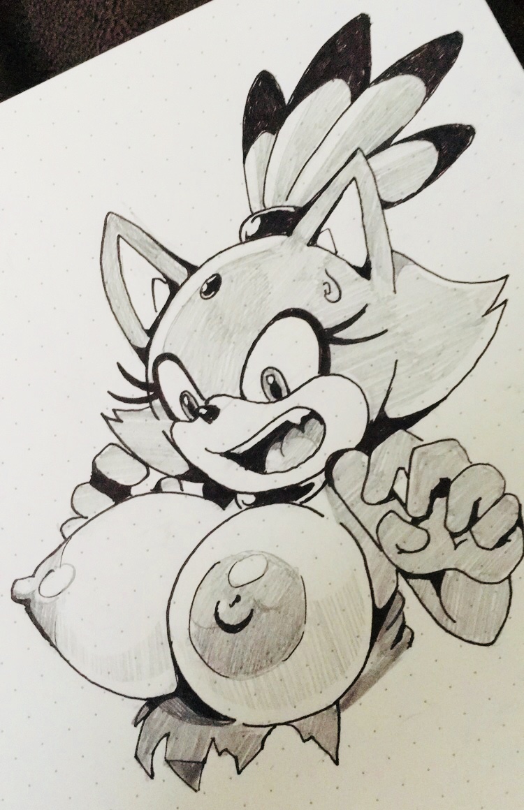 areola big_areola big_breasts big_nipples blaze_the_cat breasts cat clothed clothing fangs feline fur hair jewelry mammal monochrome night0wi nipples open_mouth sonic_(series) surprise sweat torn_clothing torn_topwear