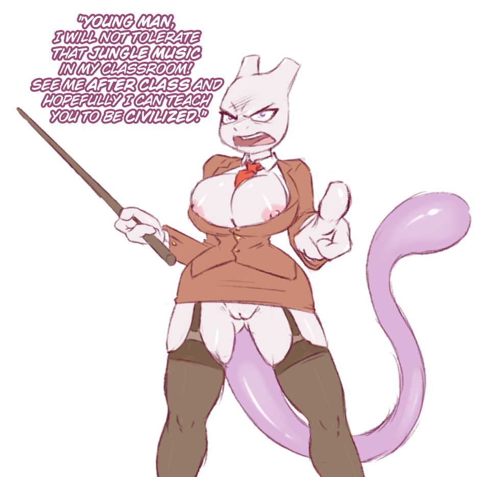 angry big_breasts breasts clothing dialogue english_text female huge_breasts invalid_tag legendary_pok&eacute;mon legwear mewtwo milftwo mootcookie_(artist) necktie nintendo nipples no_underwear pok&eacute;mon pok&eacute;mon_(species) pussy racism solo stockings suite teacher text thigh_highs video_games