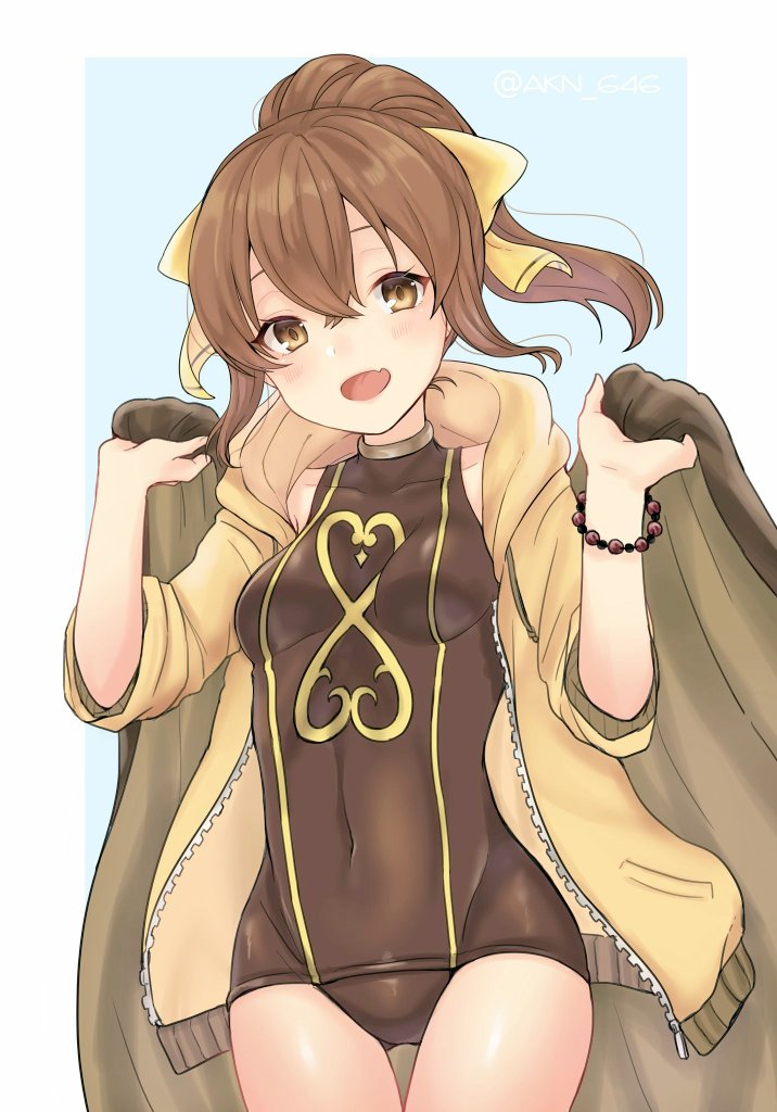 1girl akina_(akn_646) bow breasts brown_eyes brown_hair covered_navel dyute_(fire_emblem) fire_emblem fire_emblem_echoes:_mou_hitori_no_eiyuuou hair_bow long_hair nintendo one-piece_swimsuit open_clothes open_mouth ponytail simple_background small_breasts solo swimsuit