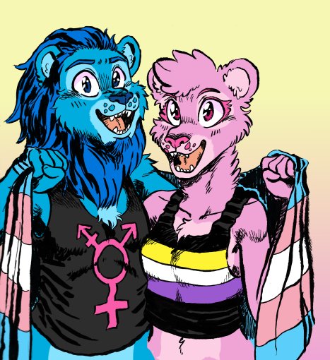 blue_eyes blue_fur chest_tuft clothing crossgender duo edit feline female flag flat_chested fur grungebunny half-length_portrait head_tuft intersex_symbol lion male mammal mane pink_eyes pink_fur portrait sex_education_lion_(character) sex_education_lioness_(character) shirt tank_top tuft