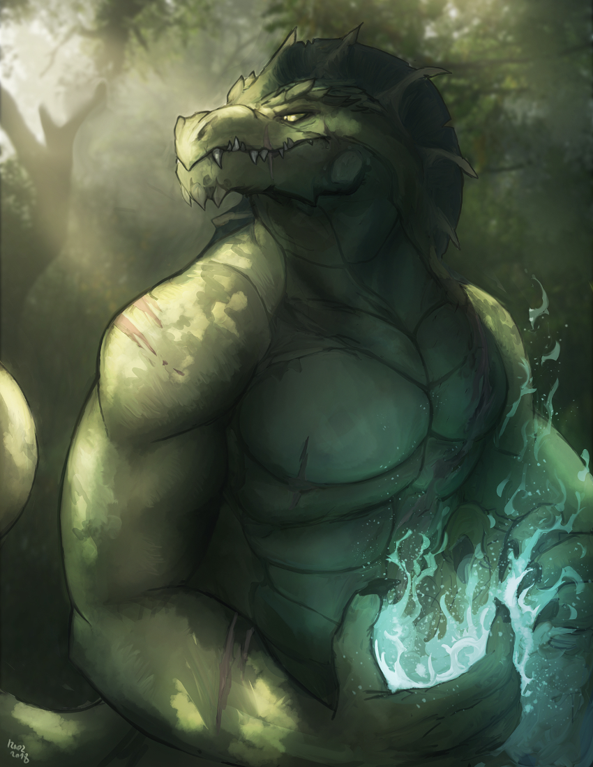 2019 abs anthro back_spines biceps claws fangs fin foliage forest green_scales half_portrait head_fin head_spines izrez lizard looking_back magic magic_user male muscular muscular_male nude outside pecs reptile scales scalie scar sharp_teeth solo spike_(disambiguation) spines standing teeth tree triceps yellow_eyes