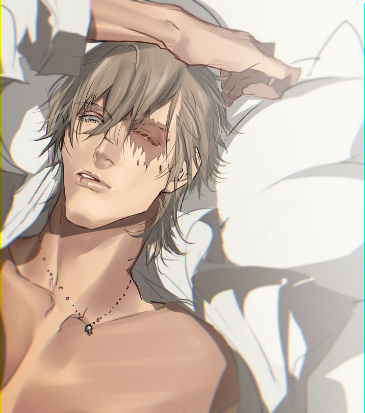 1boy blind brown_hair final_fantasy final_fantasy_xv hair_down ignis_scientia jewelry lying mad369 male_focus necklace on_bed open_clothes open_shirt pillow scar shirt solo white_eyes white_shirt